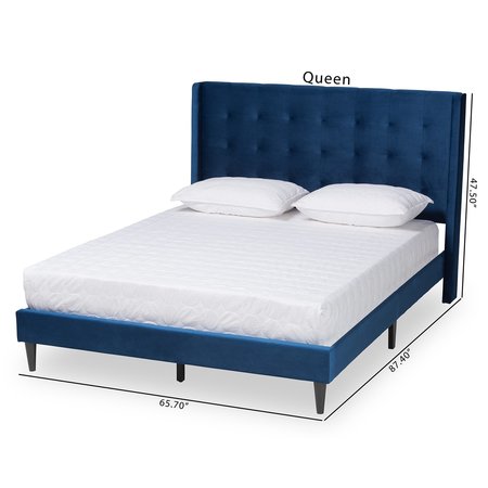 Baxton Studio Gothard  Navy Blue Velvet Upholstered and Dark Brown Finished Wood King Size Platform Bed 215-12366-ZORO